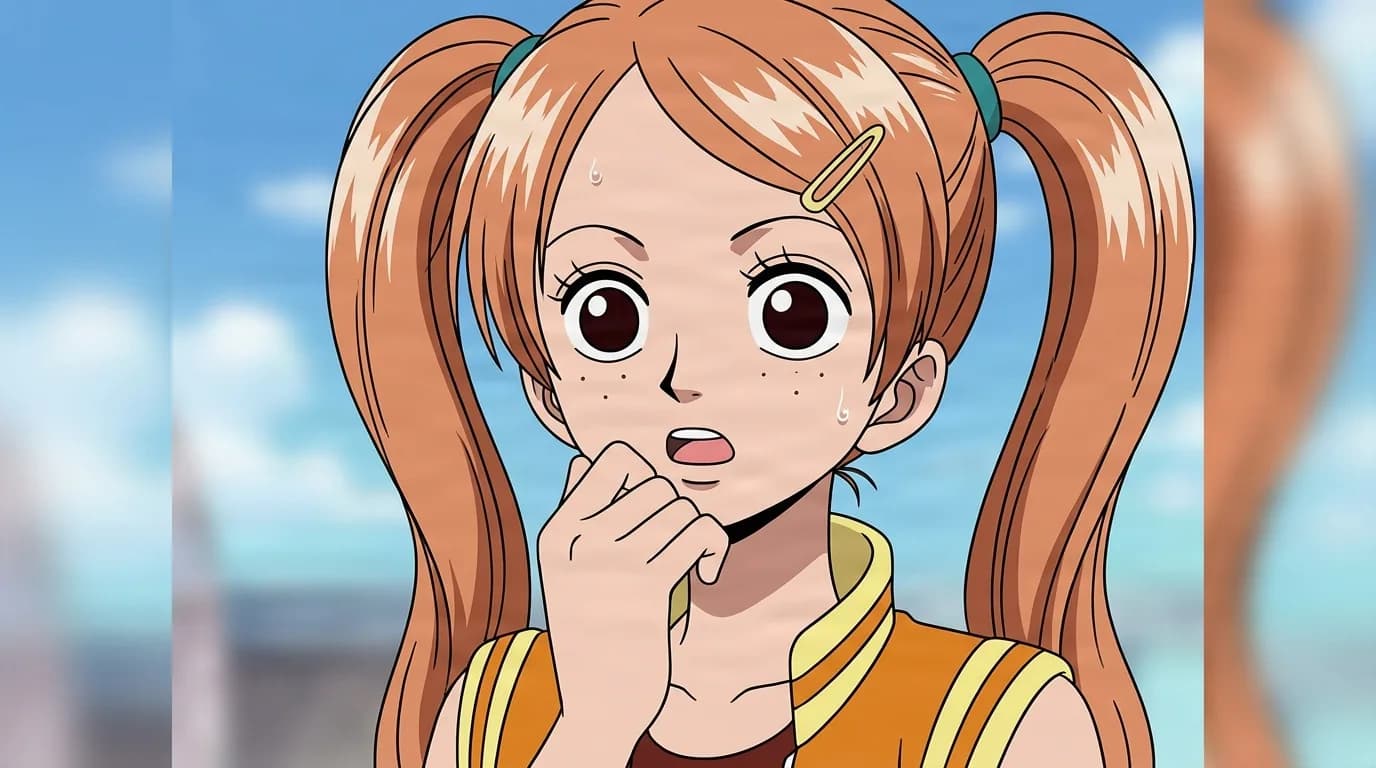 Amanda from One Piece in a close-framed cel-shaded anime scene with a detailed environment