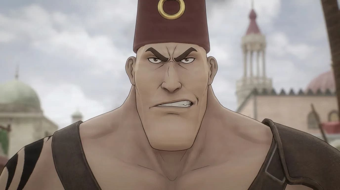 Anikin from One Piece in a close-framed cel-shaded anime scene with a detailed environment