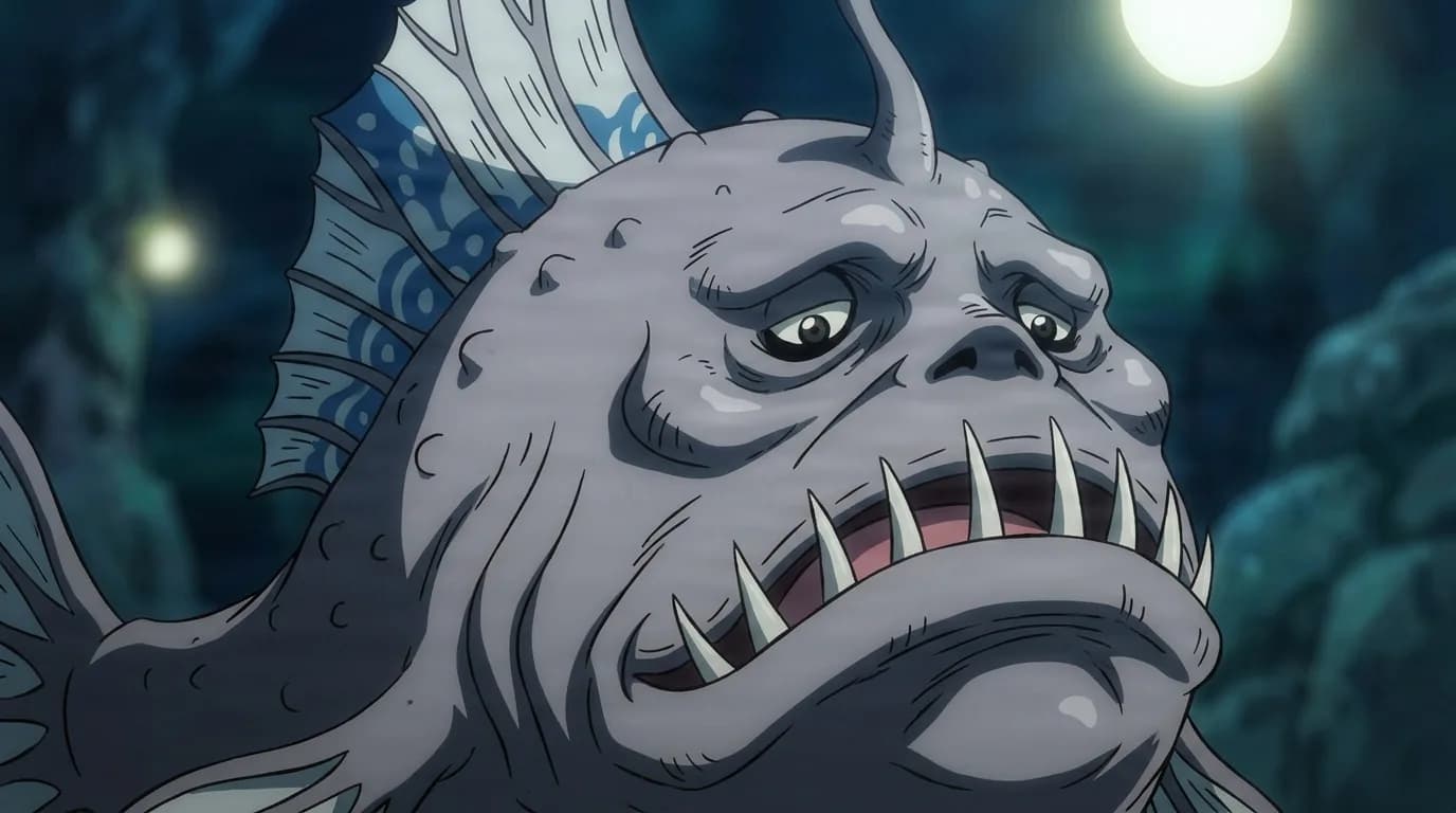 Ankoro from One Piece in a close-framed cel-shaded anime scene with a detailed environment