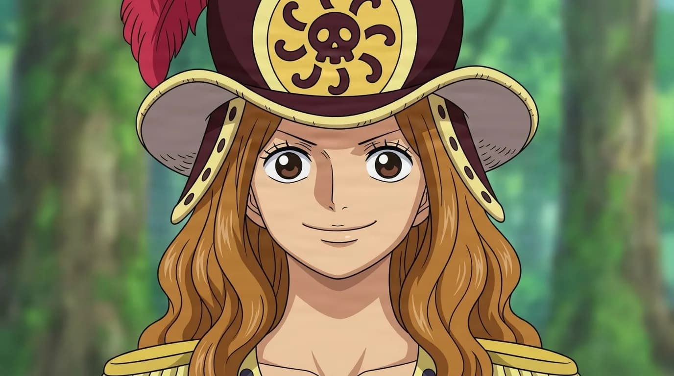 Aphelandra from One Piece in a close-framed cel-shaded anime scene with a detailed environment