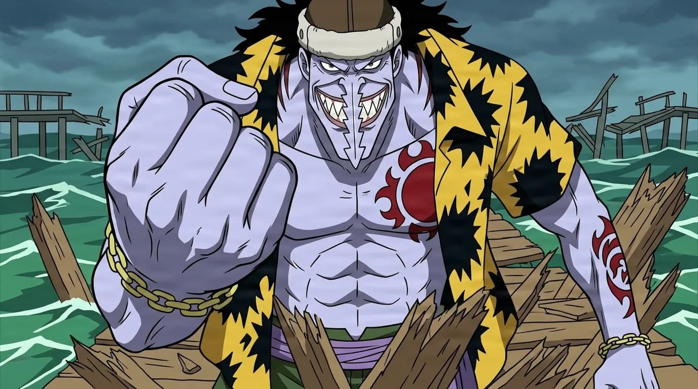 Grinning gray-skinned fishman with a saw-shaped nose and sharp teeth, thrusting a huge clenched fist forward on a wrecked wooden pier above the sea, a red sun tattoo on his chest.
