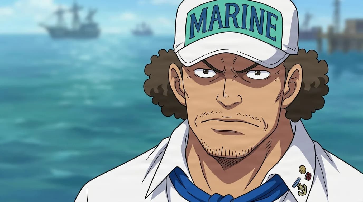Asahija de One Piece en una escena de anime con sombreado cel en plano cerrado y un entorno detallado