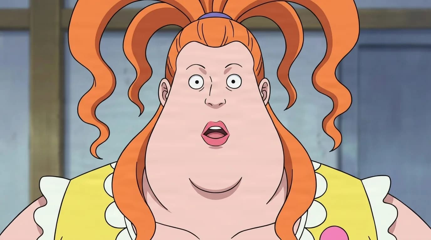 Aunt from One Piece in a close-framed cel-shaded anime scene with a detailed environment