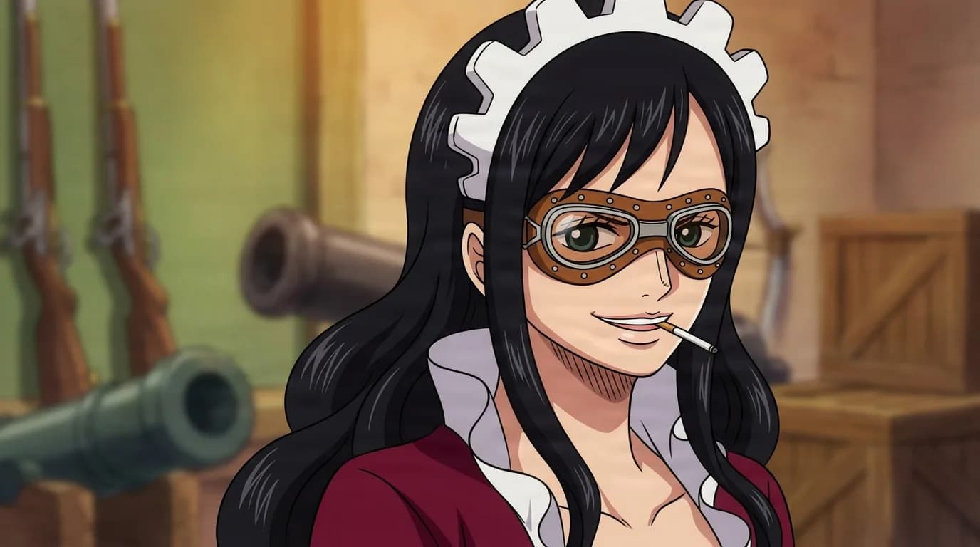 Baby 5 from One Piece in a close-framed cel-shaded anime scene with a detailed environment