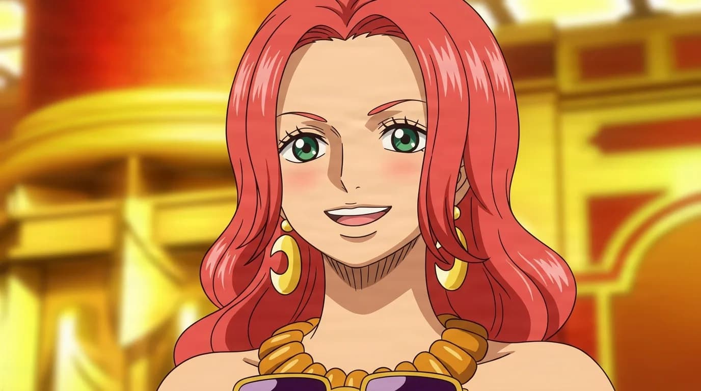 Baccarat from One Piece in a close-framed cel-shaded anime scene with a detailed environment