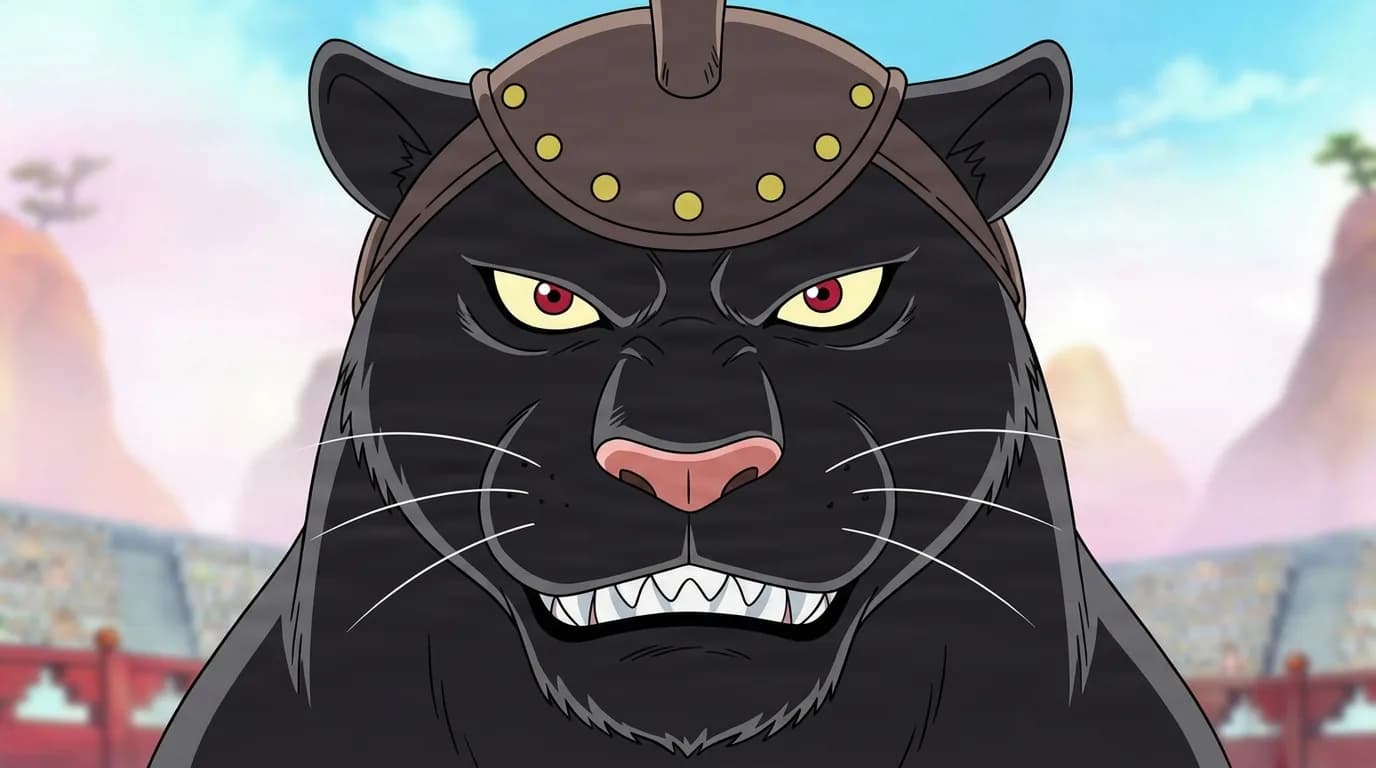 Bacura from One Piece in a close-framed cel-shaded anime scene with a detailed environment