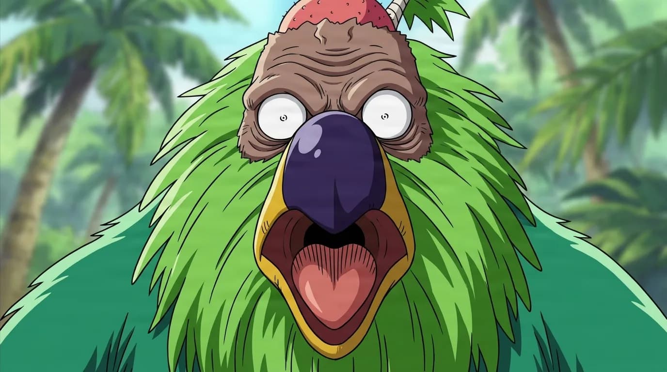 Bald Parrot from One Piece in a close-framed cel-shaded anime scene with a detailed environment
