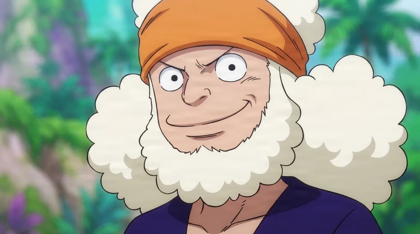 Bankuro de One Piece en una escena de anime con sombreado cel en plano cerrado y un entorno detallado