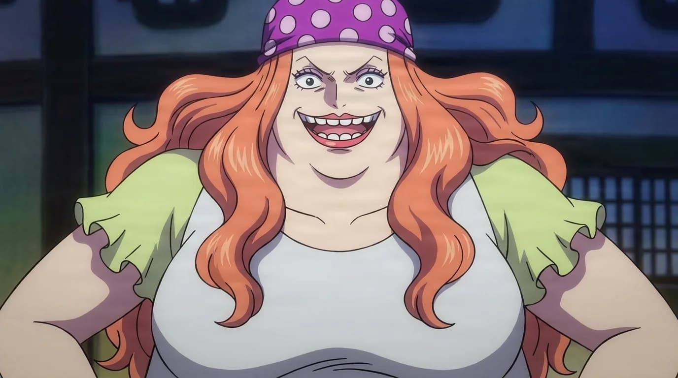 Banshee from One Piece in a close-framed cel-shaded anime scene with a detailed environment