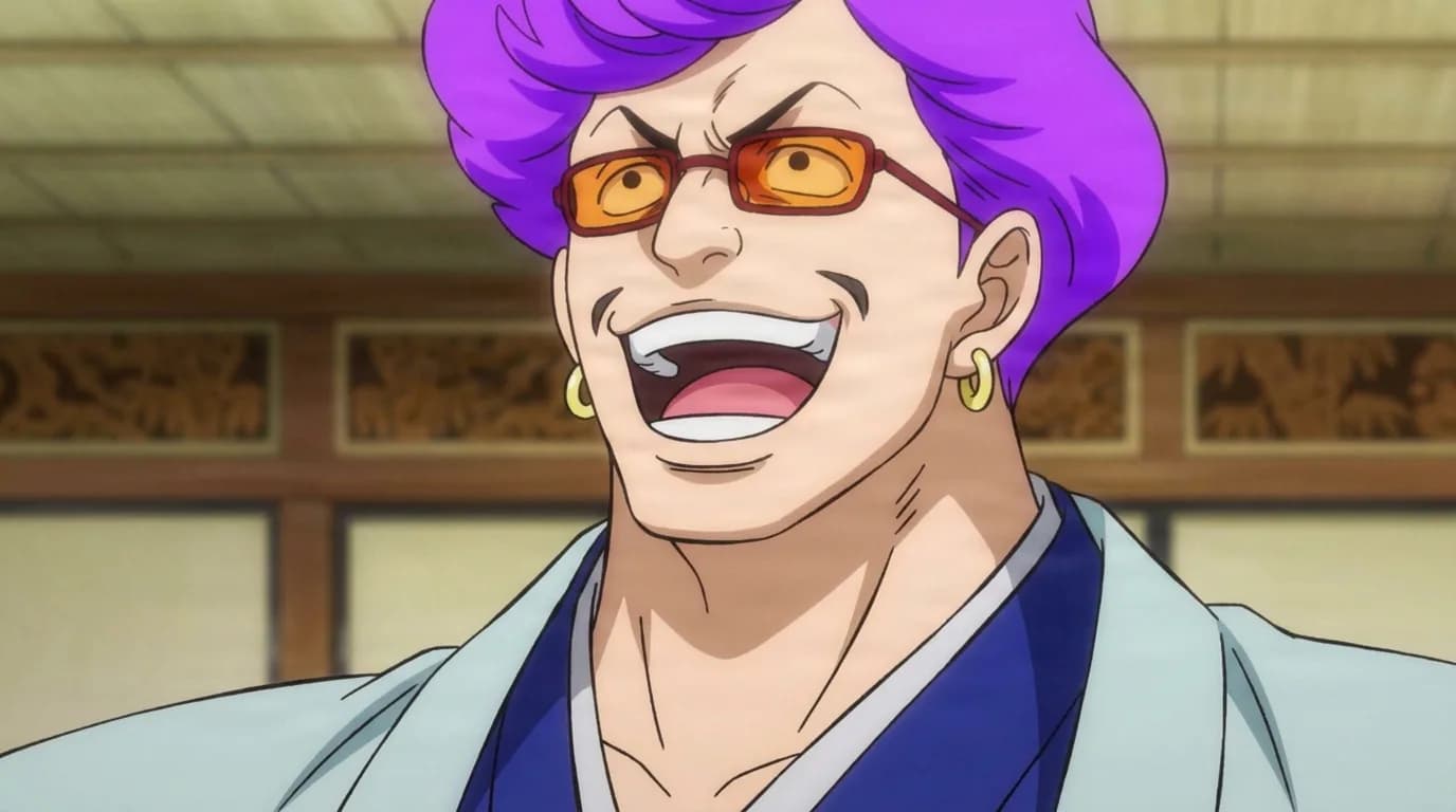 Banzaburo from One Piece in a close-framed cel-shaded anime scene with a detailed environment