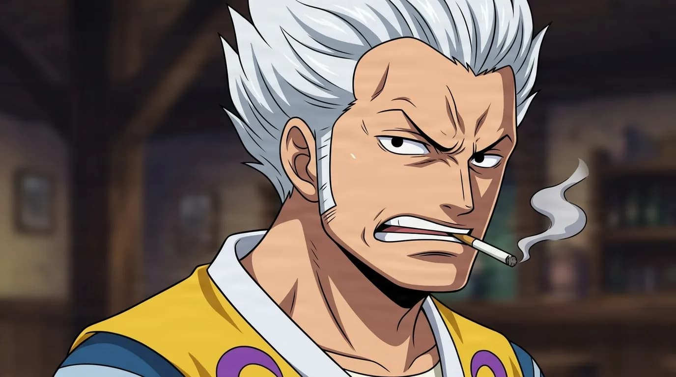 Banzai from One Piece in a close-framed cel-shaded anime scene with a detailed environment