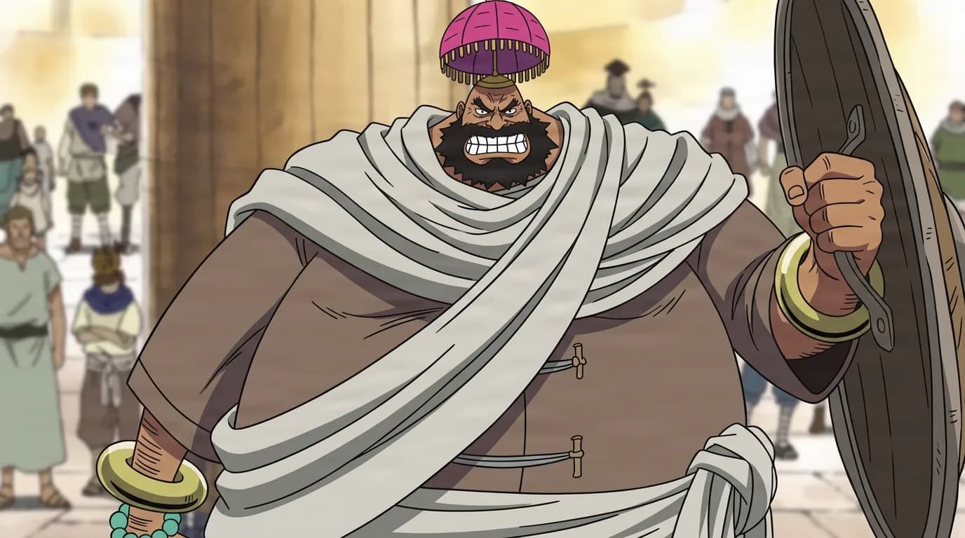 Barbarossa from One Piece in a close-framed cel-shaded anime scene with a detailed environment