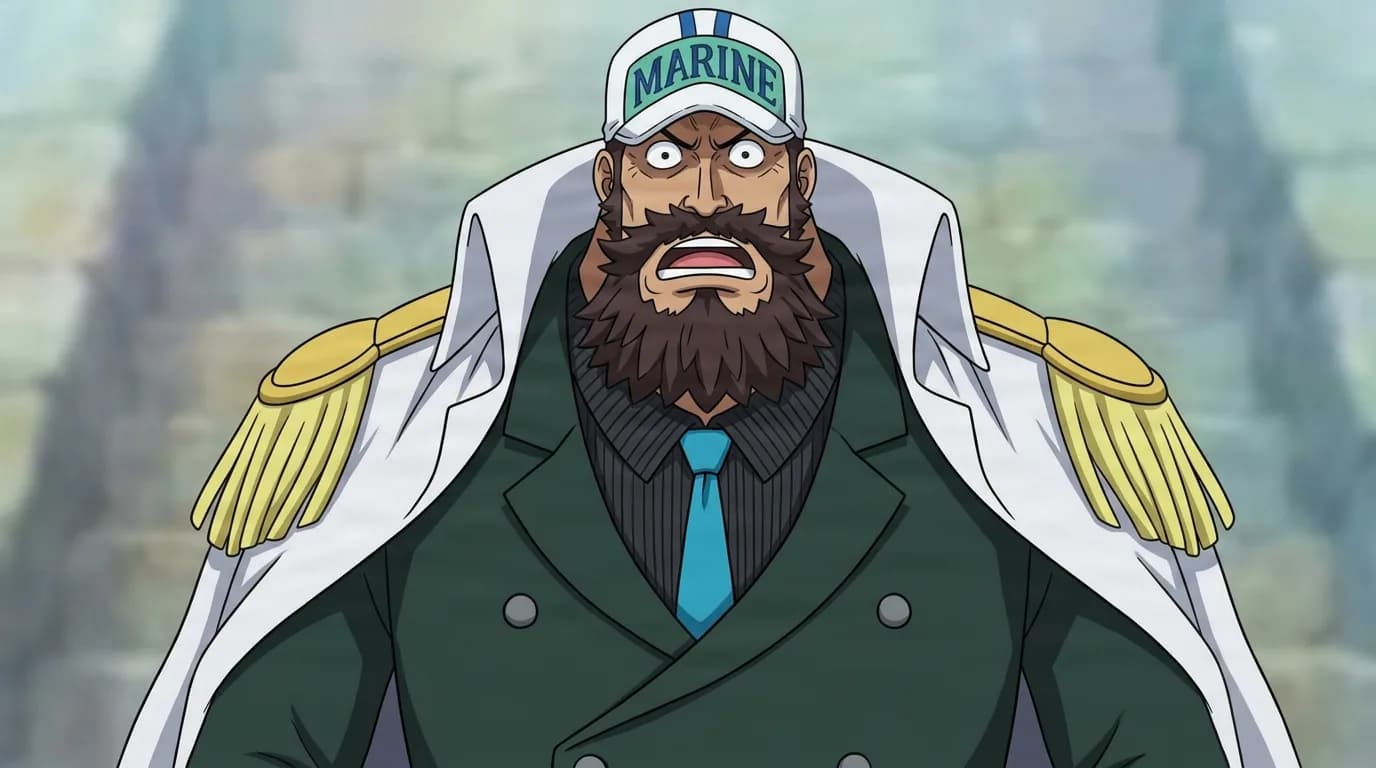 Rear Admiral Barricade from One Piece in a close-framed cel-shaded anime scene with a detailed environment