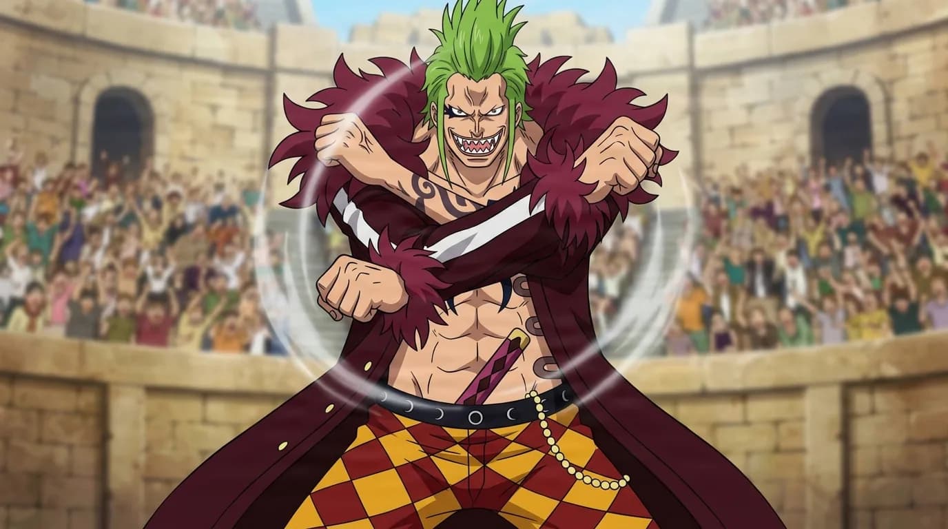 Green mohawked pirate with sharp teeth and a maroon feathered coat raises both fists before a roaring colosseum crowd