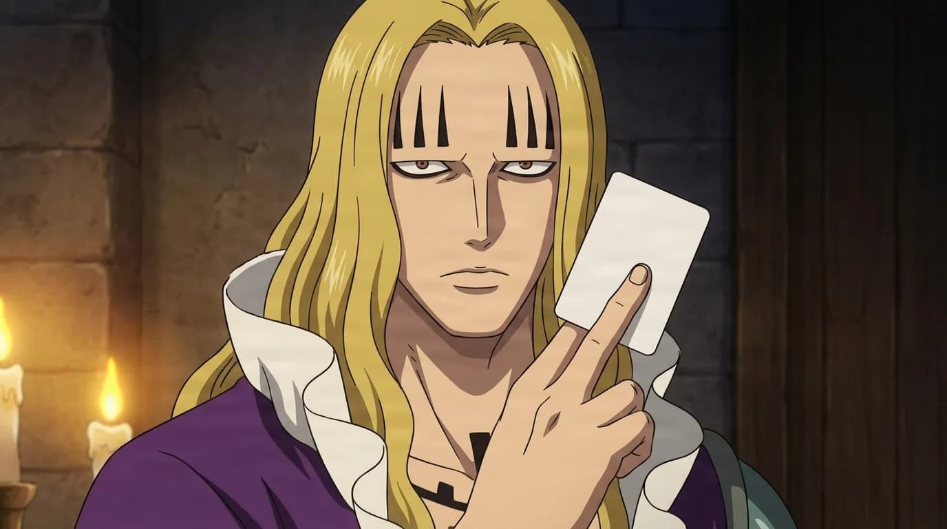 Long blond-haired man with blunt pointed bangs holds a single blank card near his face in a candlelit stone room, wearing a purple cloak with a white ruffled collar.