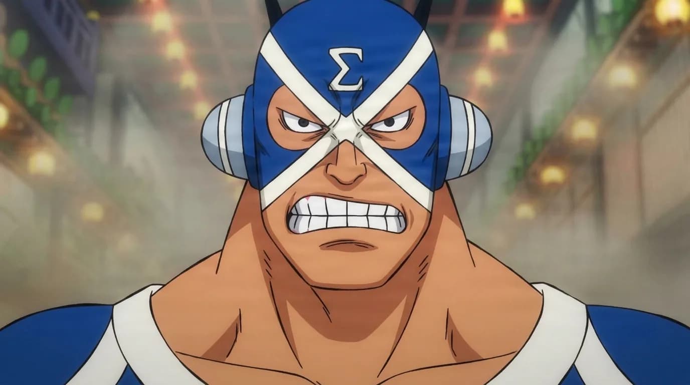Battaman from One Piece in a close-framed cel-shaded anime scene with a detailed environment