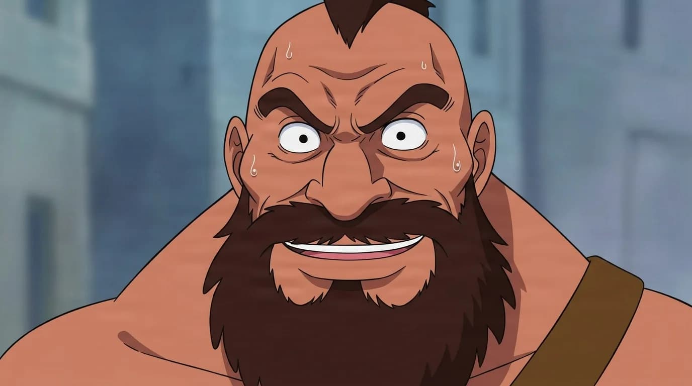 Baxcon from One Piece in a close-framed cel-shaded anime scene with a detailed environment