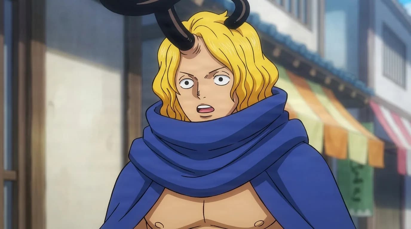 Beetleman from One Piece in a close-framed cel-shaded anime scene with a detailed environment