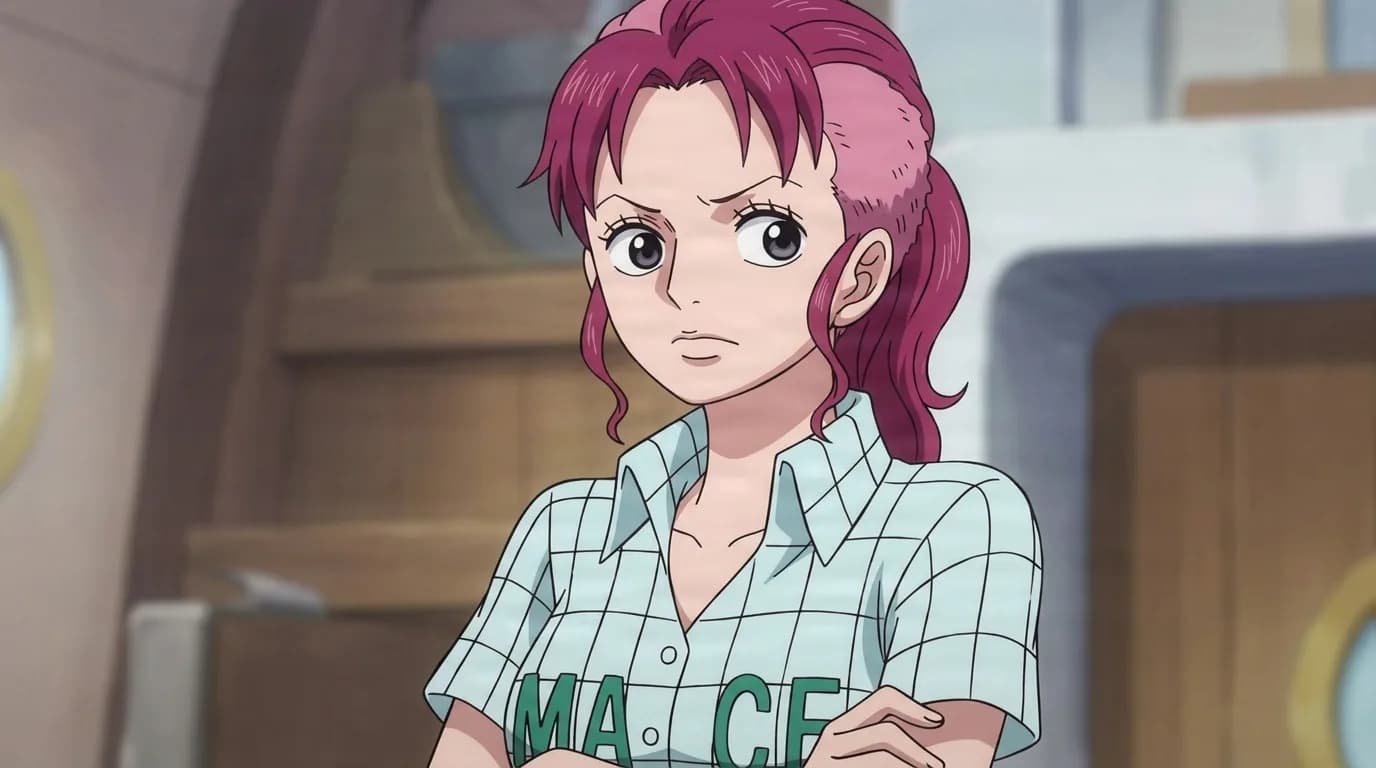 Bell-mère from One Piece in a close-framed cel-shaded anime scene with a detailed environment