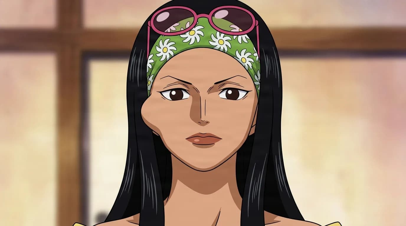 Belladonna from One Piece in a close-framed cel-shaded anime scene with a detailed environment