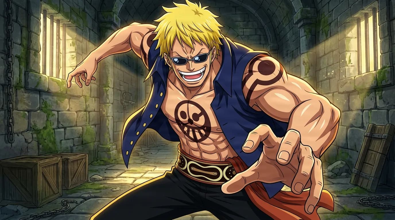 Bellamy from One Piece in a close-framed cel-shaded anime scene with a detailed environment
