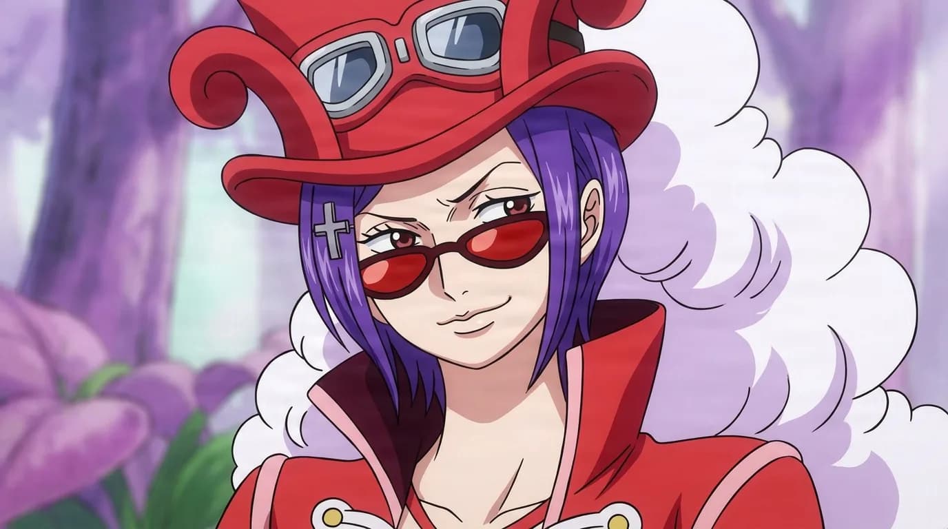 Belo Betty from One Piece in a close-framed cel-shaded anime scene with a detailed environment