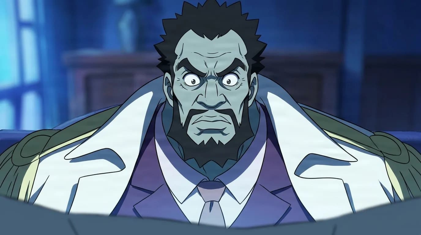 Benevolent King of the Waves from One Piece in a close-framed cel-shaded anime scene with a detailed environment