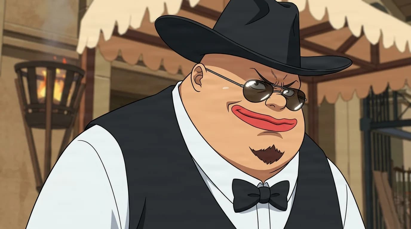 Bens from One Piece in a close-framed cel-shaded anime scene with a detailed environment