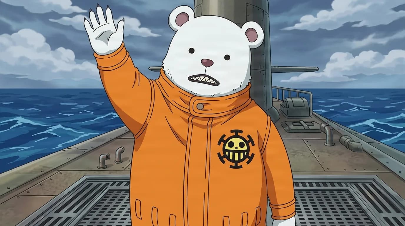 White polar bear in an orange Heart Pirates jumpsuit waves a paw on the deck of a submarine at sea