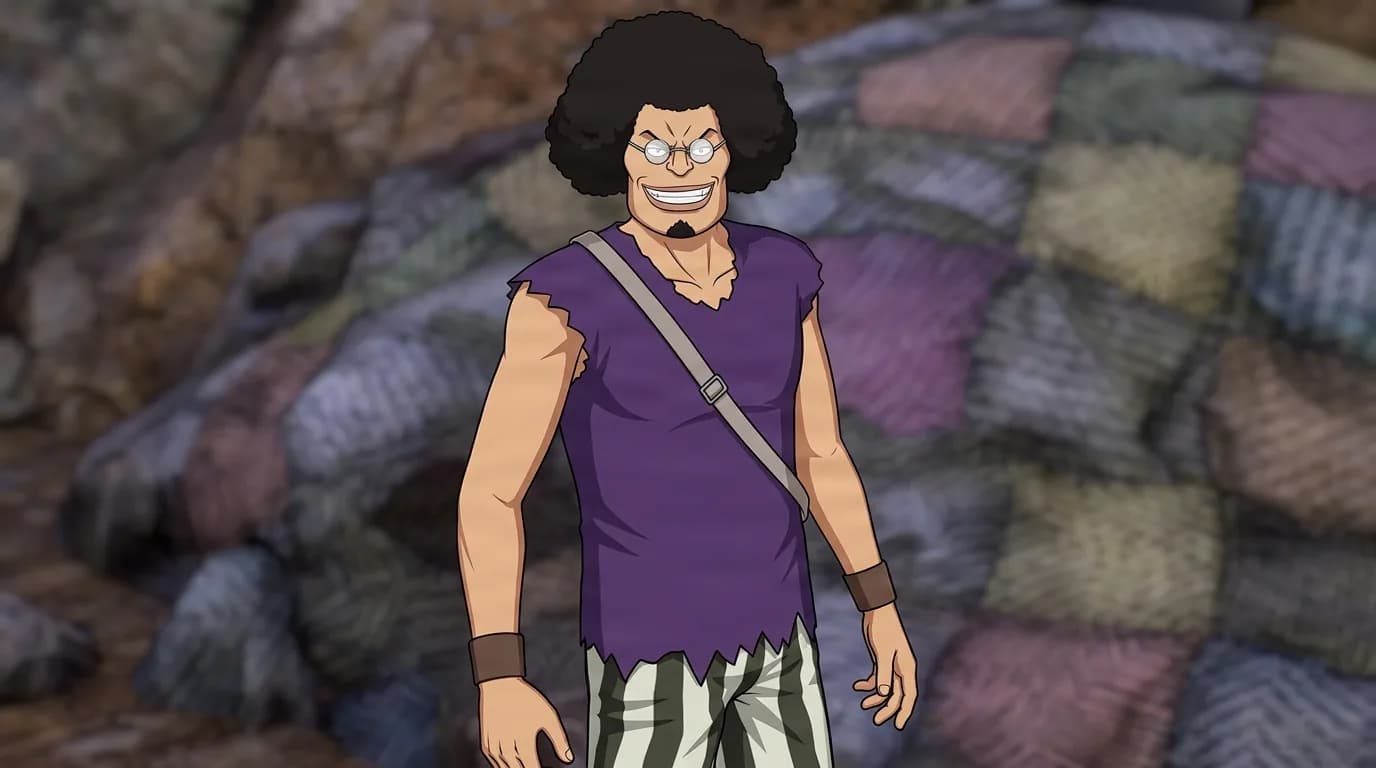 Biezom from One Piece in a close-framed cel-shaded anime scene with a detailed environment