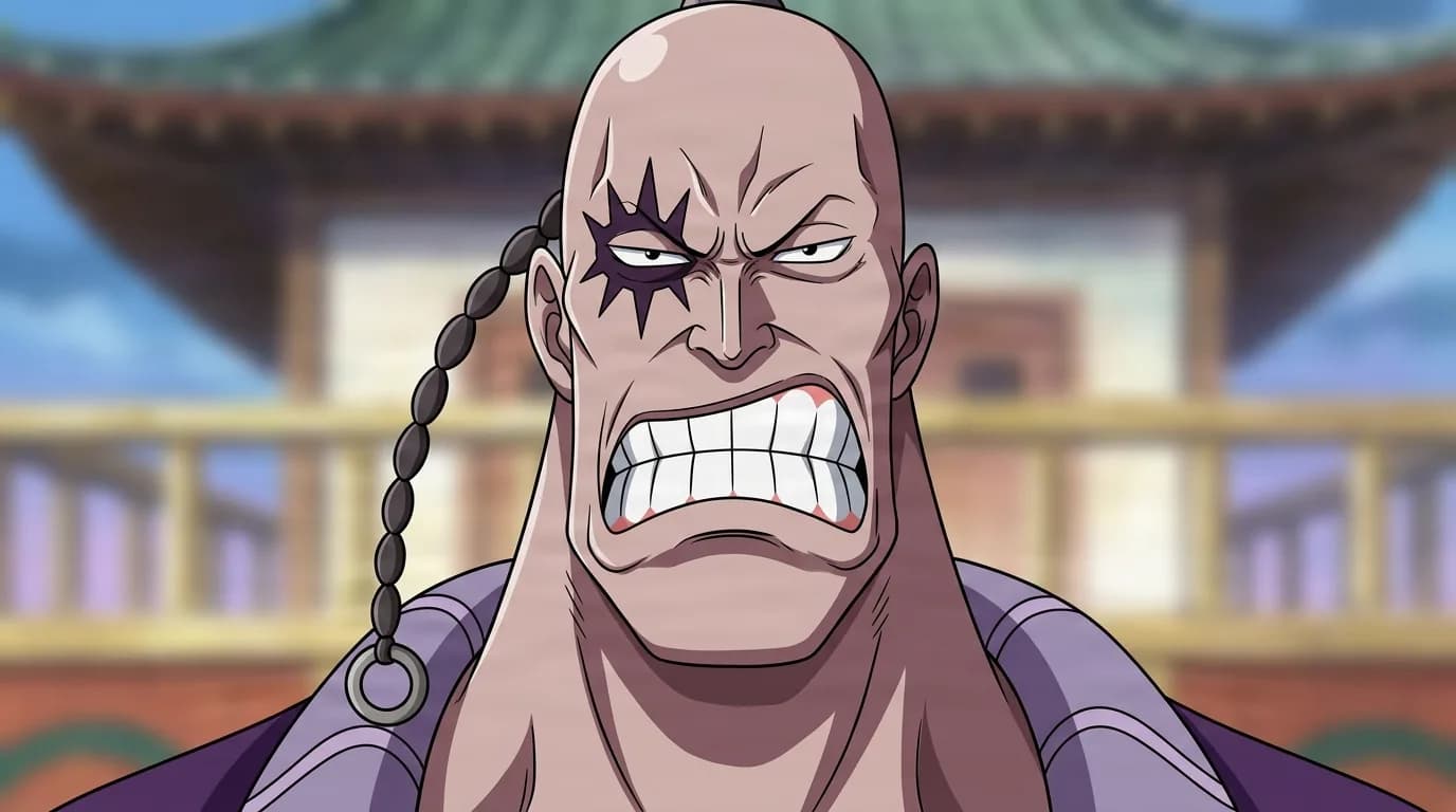 Bigalo from One Piece in a close-framed cel-shaded anime scene with a detailed environment