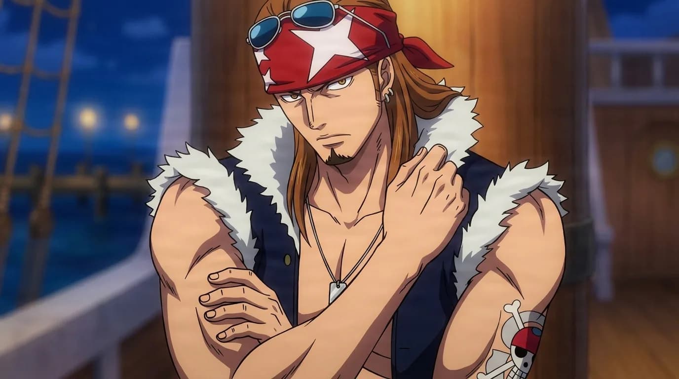 Bill from One Piece in a close-framed cel-shaded anime scene with a detailed environment