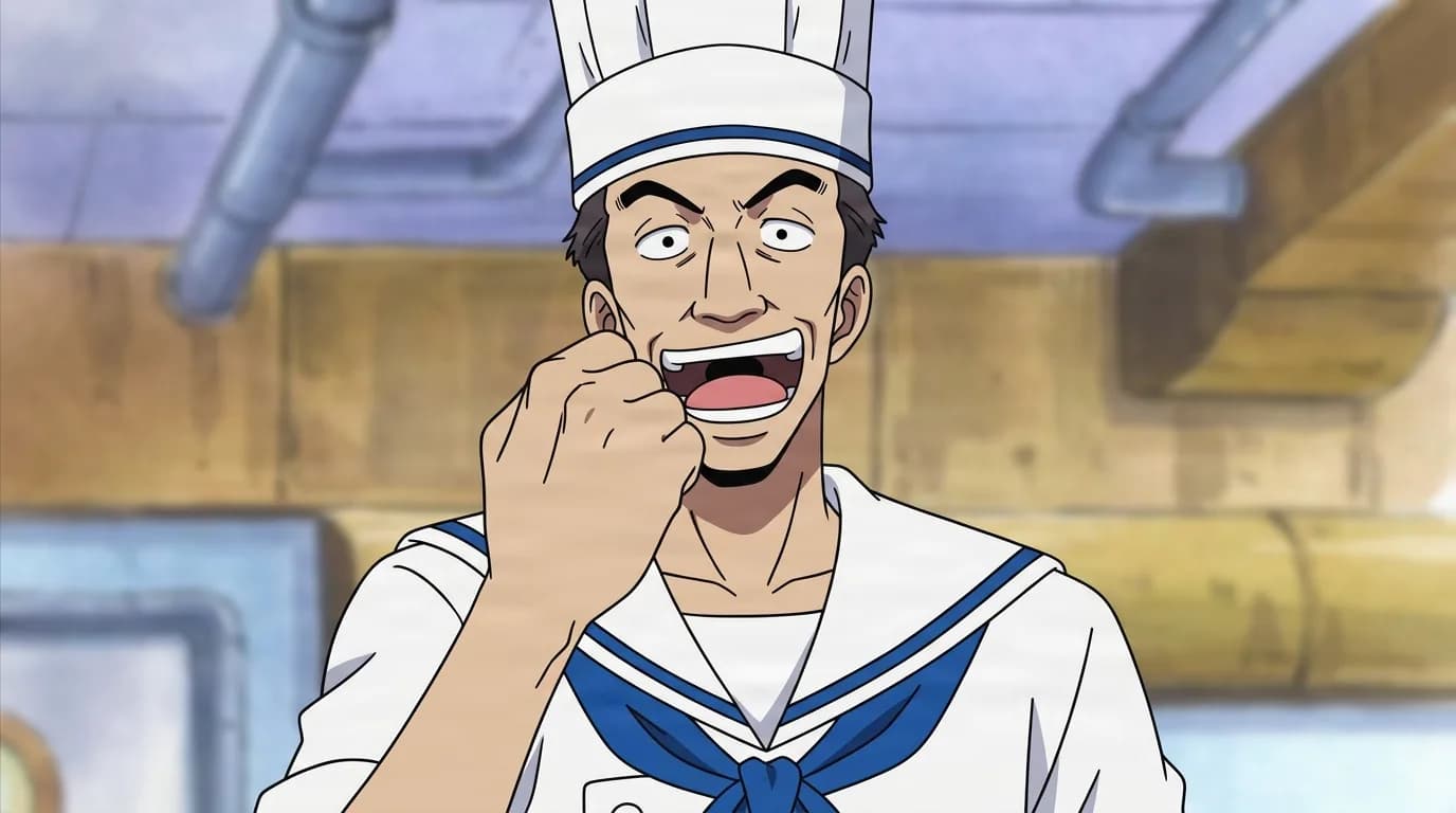 Billy from One Piece in a close-framed cel-shaded anime scene with a detailed environment