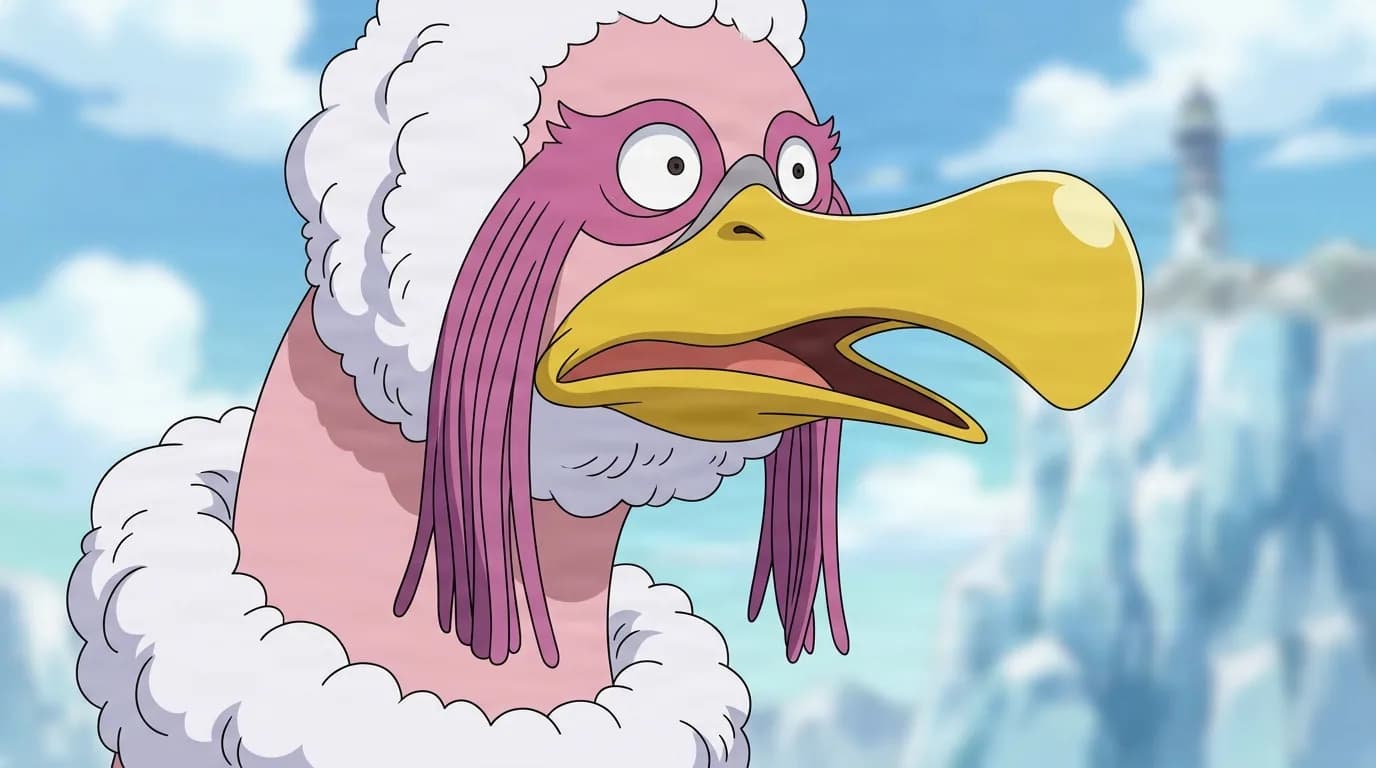 Birdy from One Piece in a close-framed cel-shaded anime scene with a detailed environment