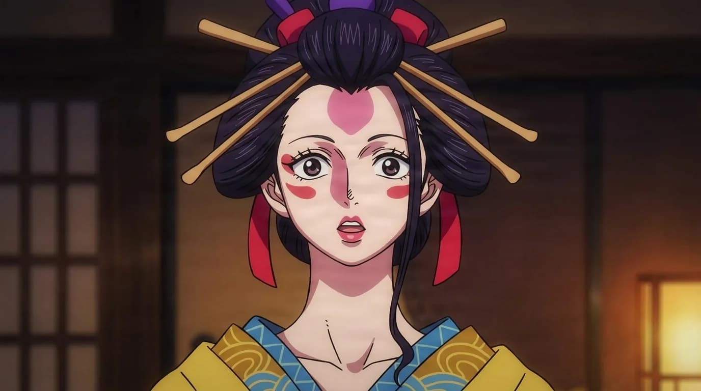 Bishonure-Onna from One Piece in a close-framed cel-shaded anime scene with a detailed environment