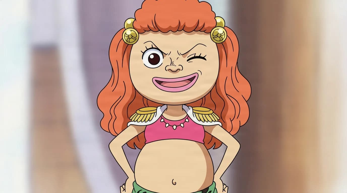 Blue Fan from One Piece in a close-framed cel-shaded anime scene with a detailed environment