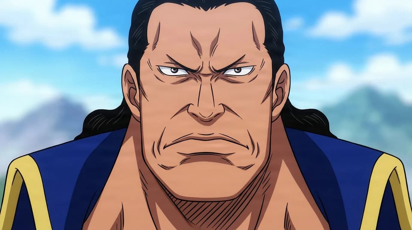 Bluejam from One Piece in a close-framed cel-shaded anime scene with a detailed environment
