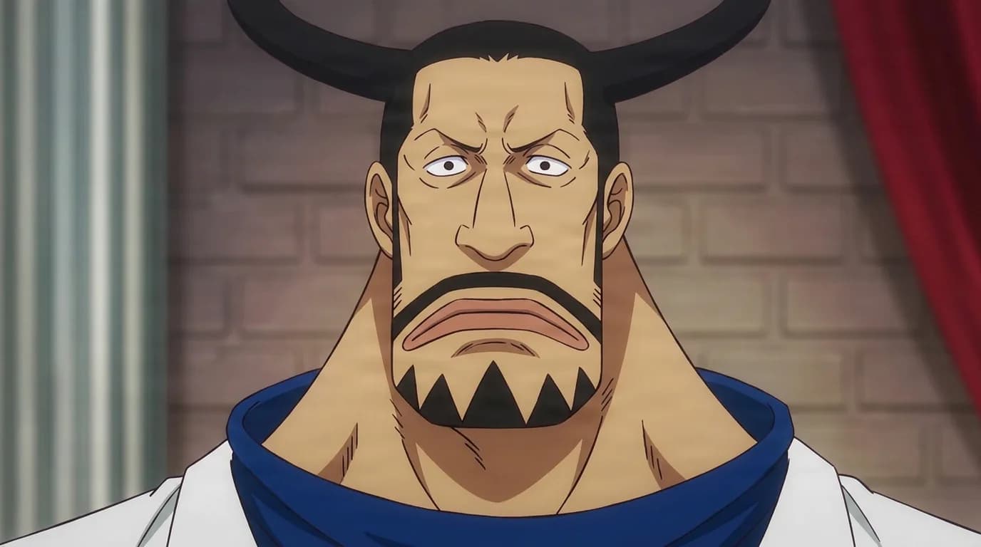 Blueno from One Piece in a close-framed cel-shaded anime scene with a detailed environment