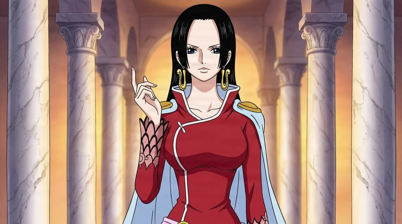 Tall black-haired woman with gold hoop earrings and a red high-collared coat raises one hand gracefully with a cool gaze, a pink snake-scale gauntlet on her arm, between marble palace columns.
