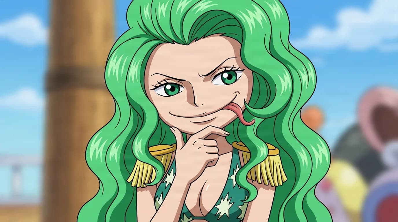 Boa Sandersonia from One Piece in a close-framed cel-shaded anime scene with a detailed environment