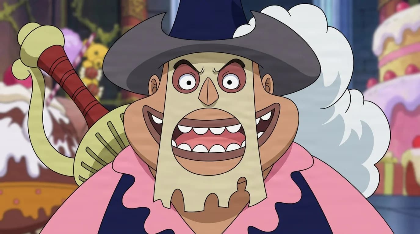Bobbin from One Piece in a close-framed cel-shaded anime scene with a detailed environment