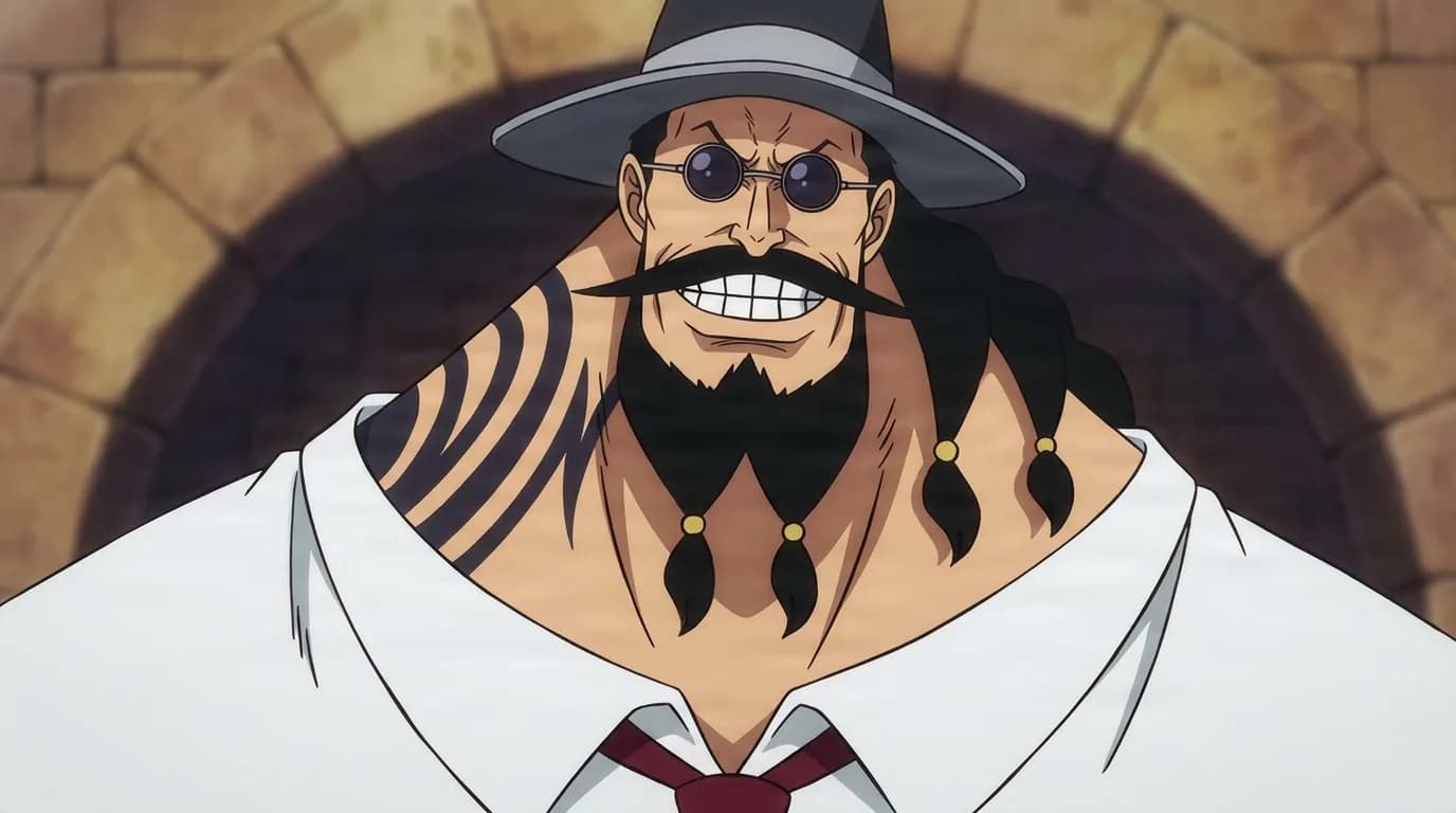 Bobby Funk from One Piece in a close-framed cel-shaded anime scene with a detailed environment