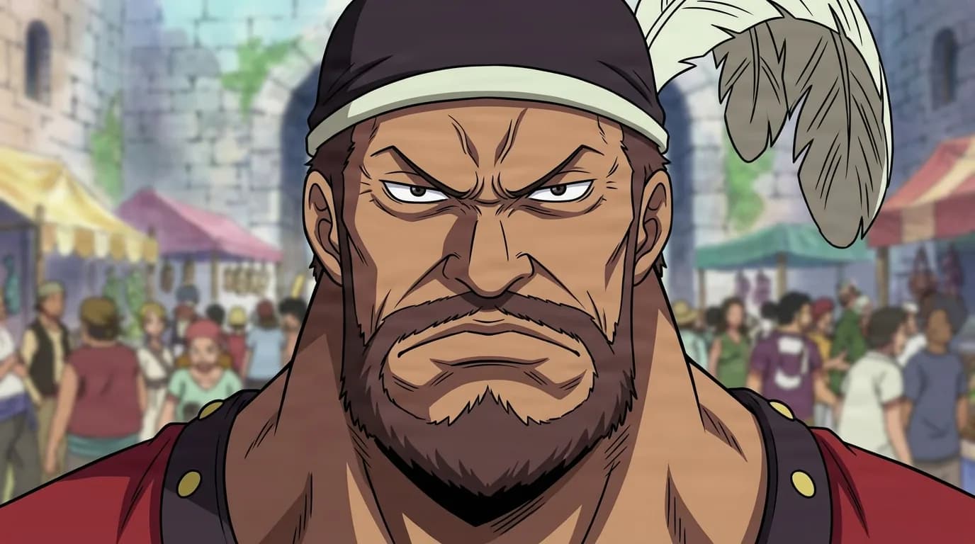 Bobby from One Piece in a close-framed cel-shaded anime scene with a detailed environment