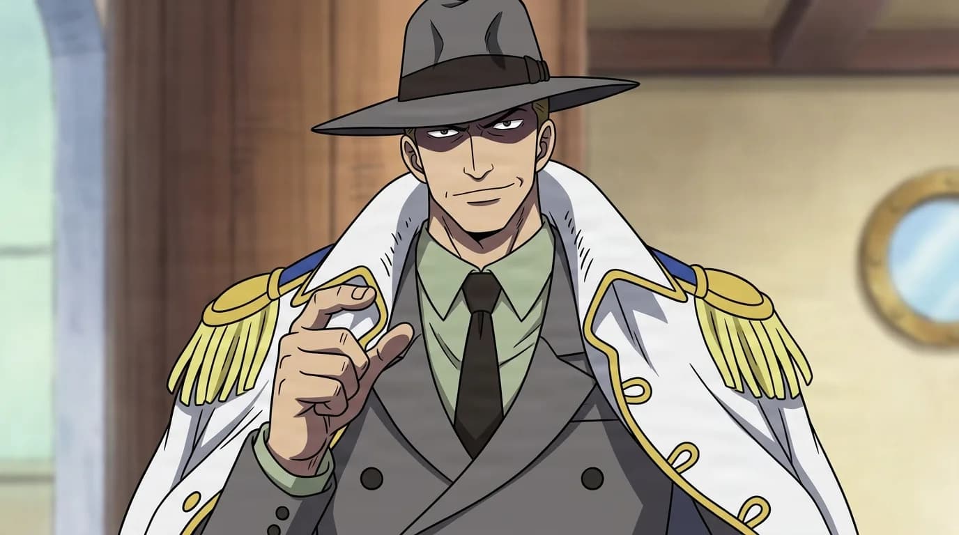 Bogard from One Piece in a close-framed cel-shaded anime scene with a detailed environment