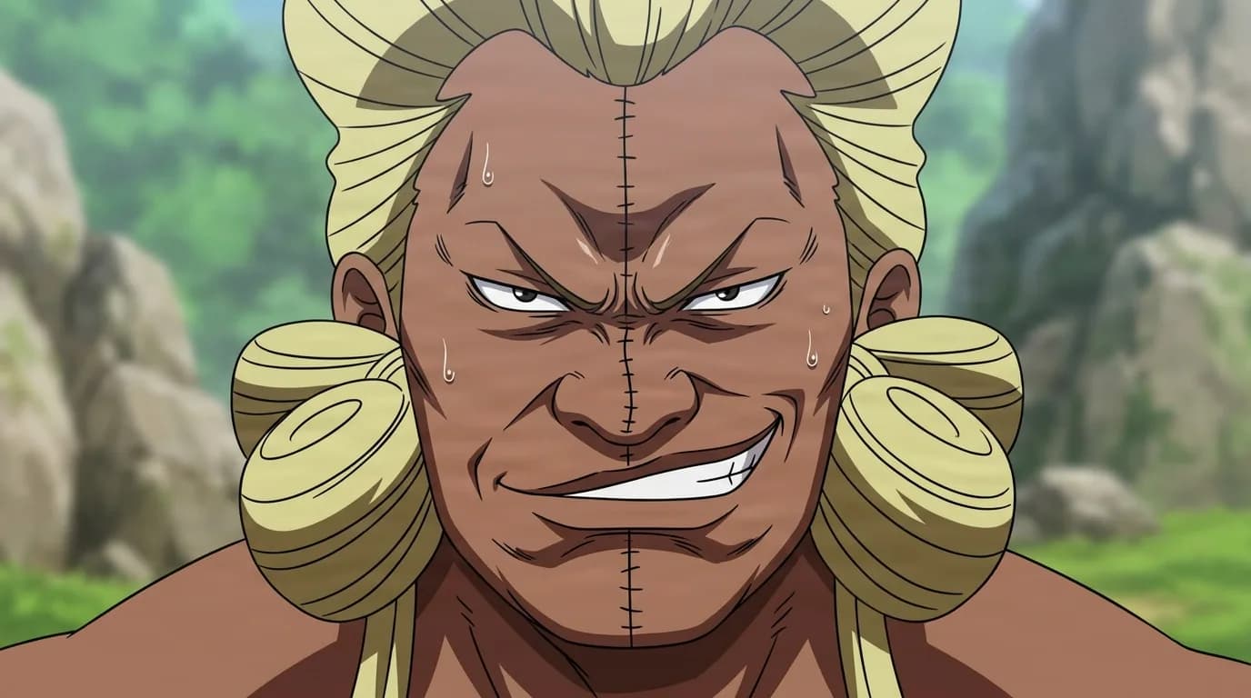 Boo Kong from One Piece in a close-framed cel-shaded anime scene with a detailed environment