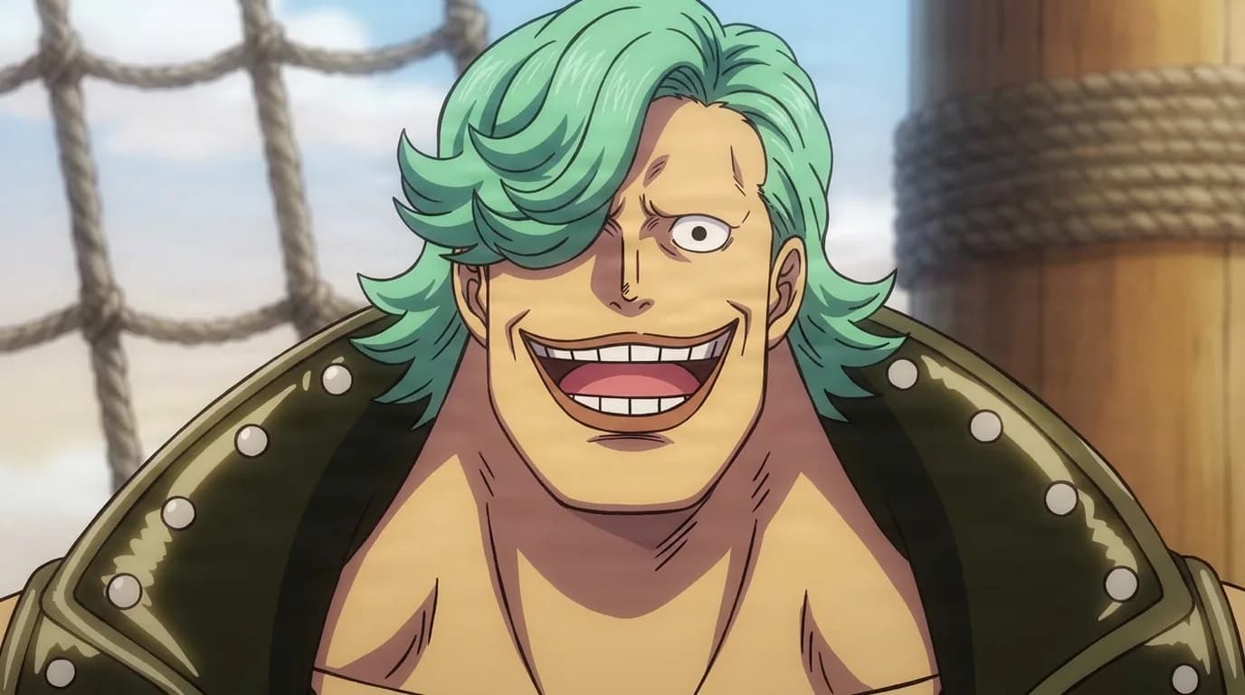 Boogie de One Piece en una escena de anime con sombreado cel en plano cerrado y un entorno detallado