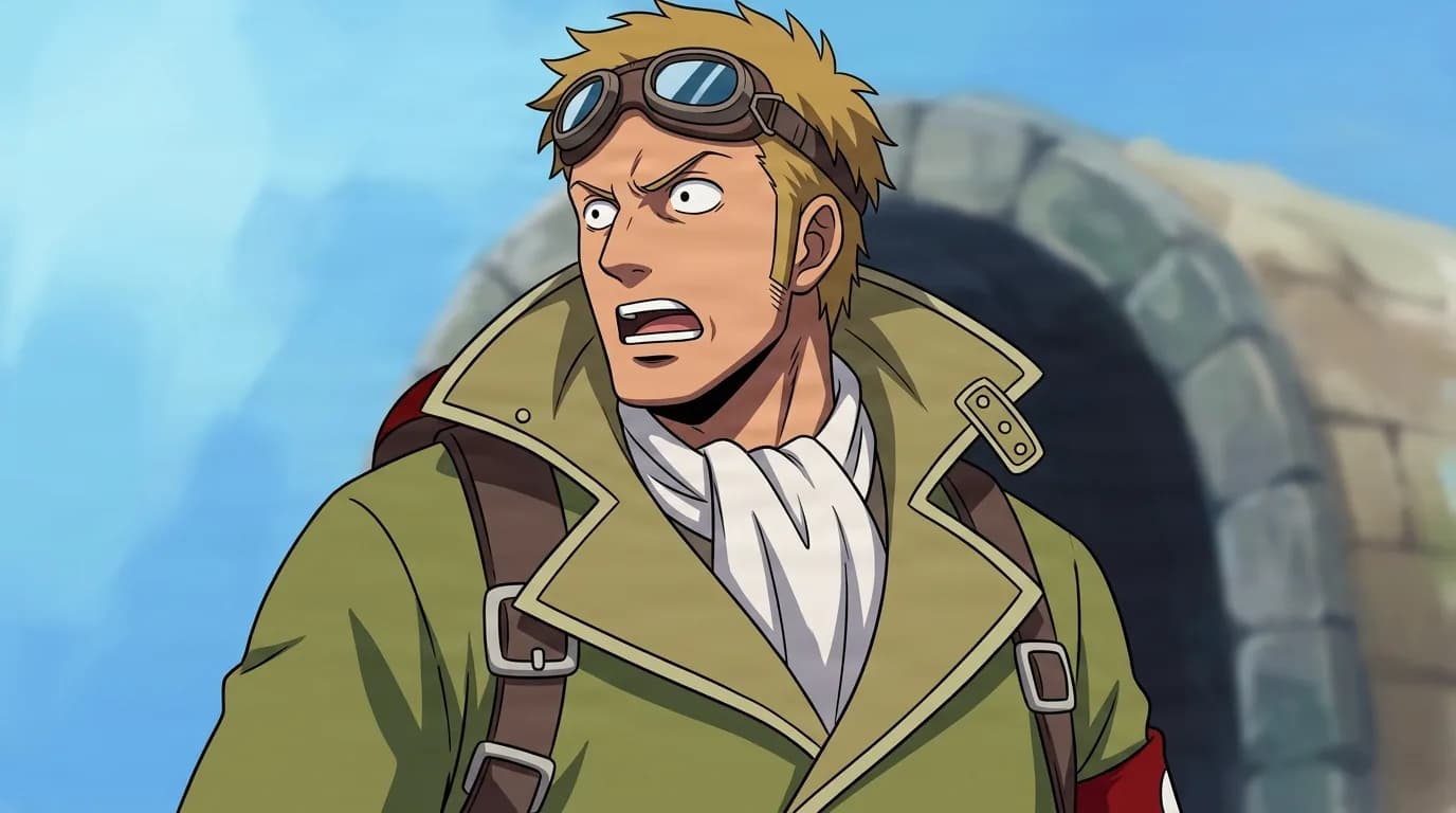 Borodo from One Piece in a close-framed cel-shaded anime scene with a detailed environment