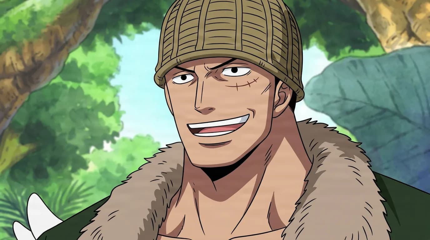 Braham from One Piece in a close-framed cel-shaded anime scene with a detailed environment