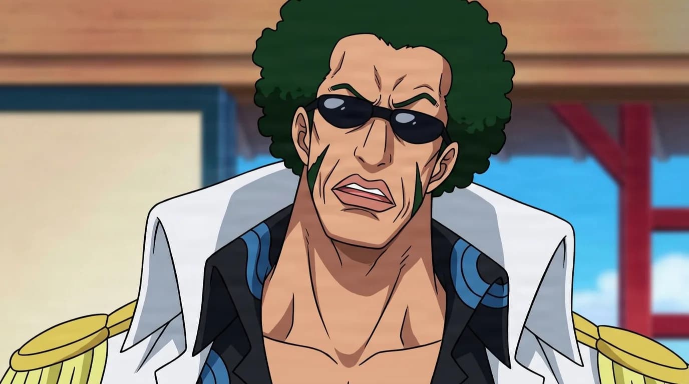 Brannew from One Piece in a close-framed cel-shaded anime scene with a detailed environment