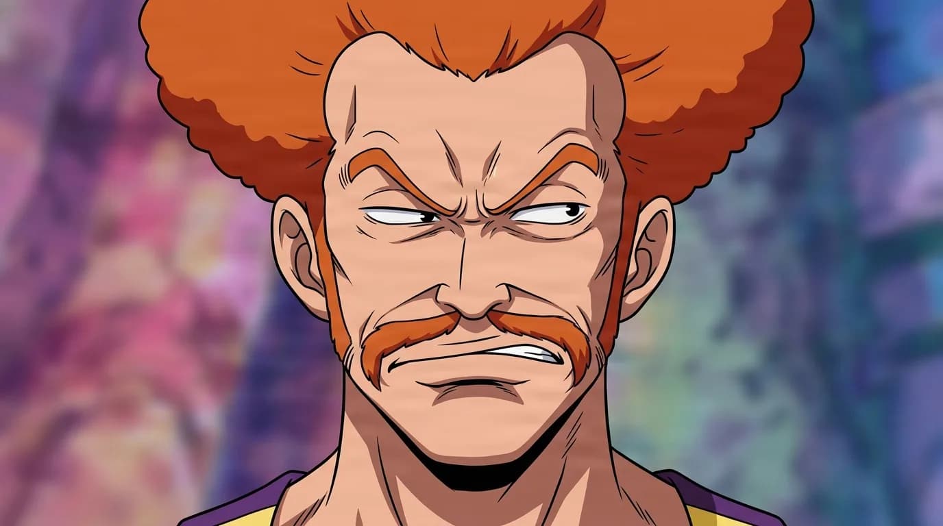 Bravo from One Piece in a close-framed cel-shaded anime scene with a detailed environment